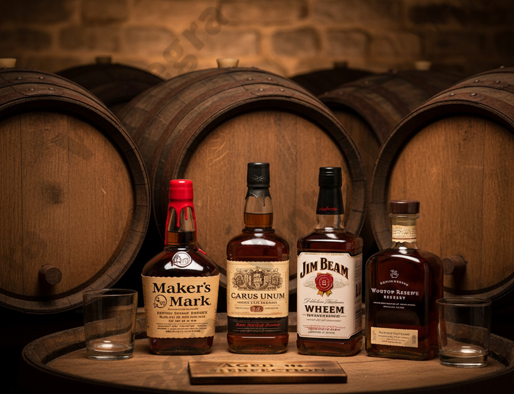 Бутылки бурбона и дубовая бочка