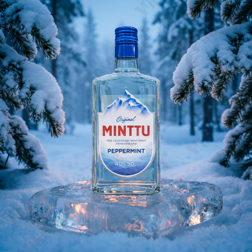 Мятный ликер Minttu в снежном лесу