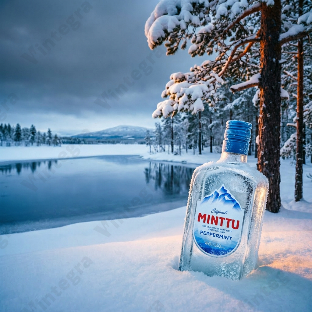 Мятный ликер Minttu на фоне зимнего пейзажа Финляндии