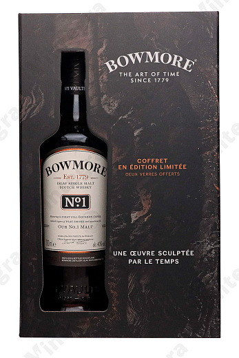 Bowmore N1, 0.7 л., 40%, Великобритания, + 2 стакана, подарочная упаковка
